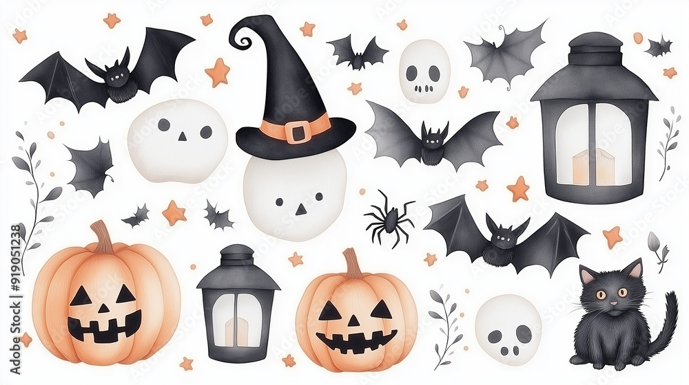 Funny Halloween stickers with pumpkins, lanterns, witches, spiders, cats and bats pencil drawing, soft watercolor, concept art. Funny Halloween stickers with pumpkins, lanterns, witches, spiders, cats and bats pencil drawing, soft watercolor, concept art.