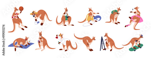 Cute kangaroo set. Funny Australian animal jumps, plays basketball, rides on skateboard, surfboard. Happy mother wallaby with baby in bag. Flat isolated vector illustrations on white background