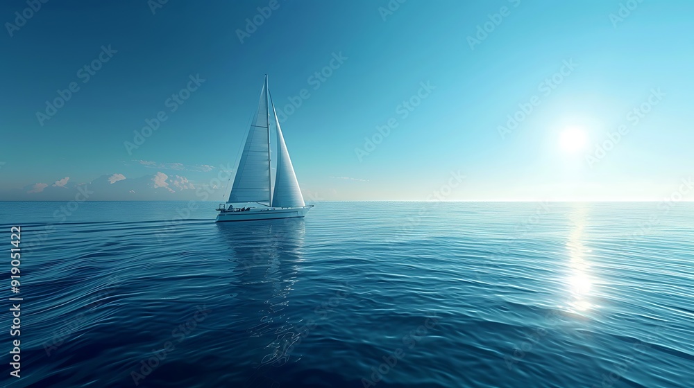 Obraz premium Yacht sailing on tranquil blue waters, clear sky with no clouds, bright daylight, detailed yacht and ocean textures, serene and peaceful setting, luxurious feel, hd quality, natural look.