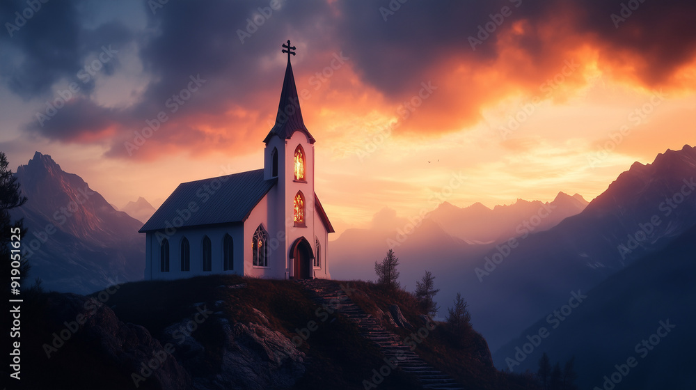 Fototapeta premium The church on the mountaintop is shown in the glow of the morning sun as it rises over the horizon.
