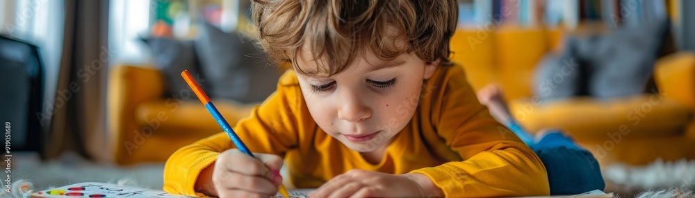 Kid drawing a picture book, early literacy development Kid drawing a picture book, early literacy development