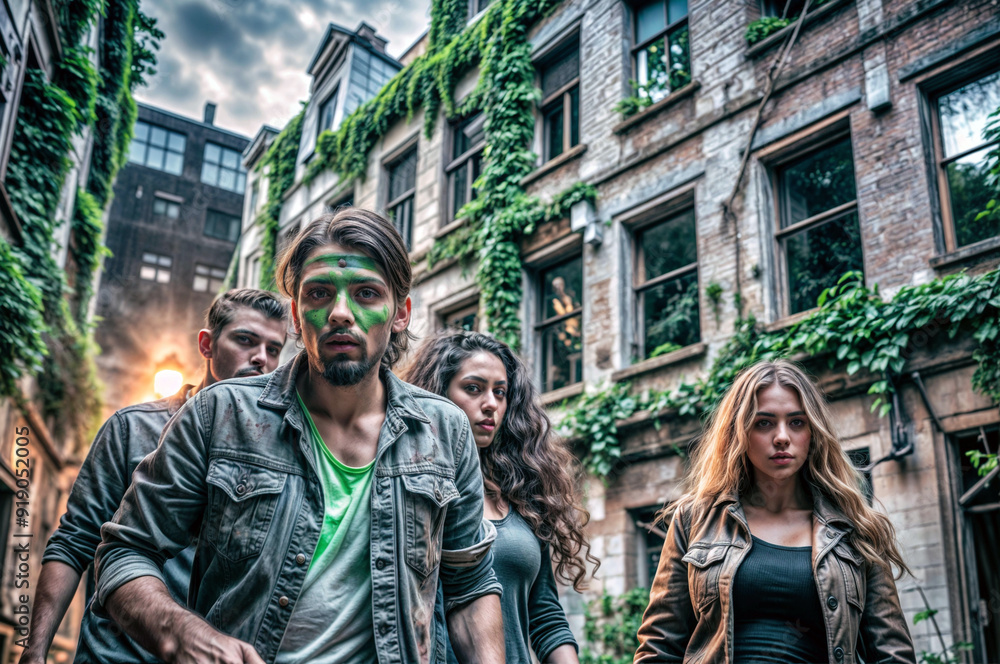 Group of Survivors in an Overgrown Urban Setting with Tension Group of Survivors in an Overgrown Urban Setting with Tension