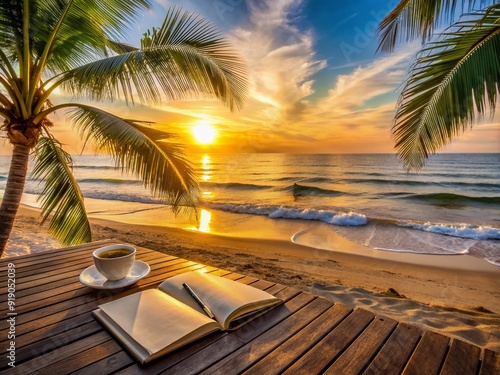 A serene beachside setting at dawn with a journal, pen, and coffee cup on a sandy table, surrounded by palm trees and calm ocean waves. photo