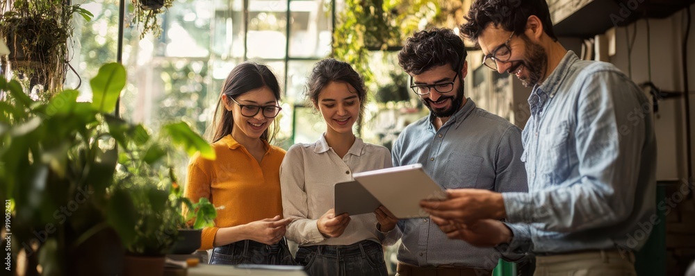 Naklejka premium A group of four people engaging in discussion while reviewing documents in a well-lit indoor garden setting.