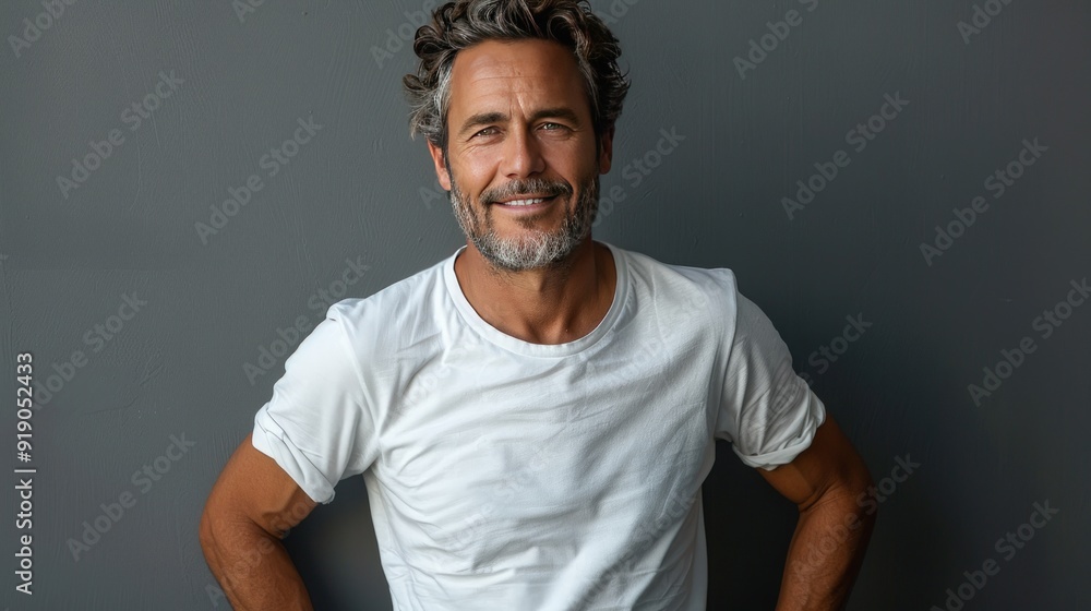 Portrait of a smiling middle aged man in white T-shirt. Portrait of a smiling middle aged man in white T-shirt.