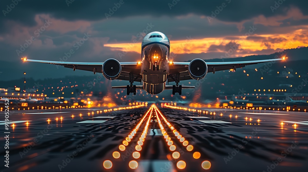 A commercial airplane taking off from a busy airport runway, vibrant ...