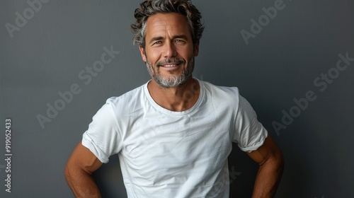 Portrait of a smiling middle aged man in white T-shirt.