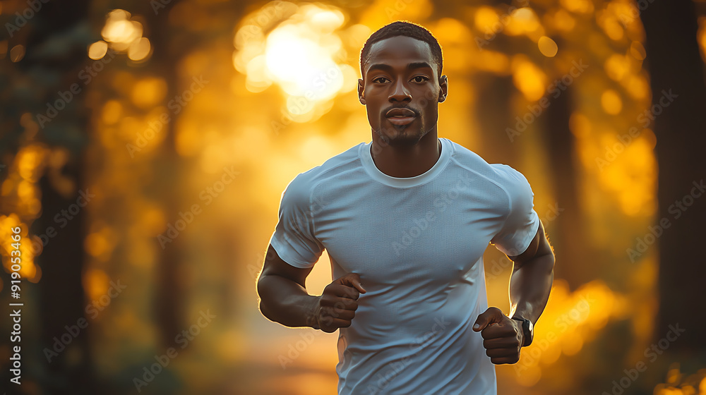 Obraz premium A focused runner in a serene forest, surrounded by warm autumn light, embodying fitness and determination in nature's beauty.