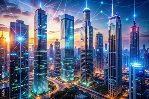 Wallpaper Mural Futuristic cityscape with sleek skyscrapers, neon lights, and holographic advertisements, representing the integration of artificial intelligence, IoT, and digital marketing in modern life. Torontodigital.ca