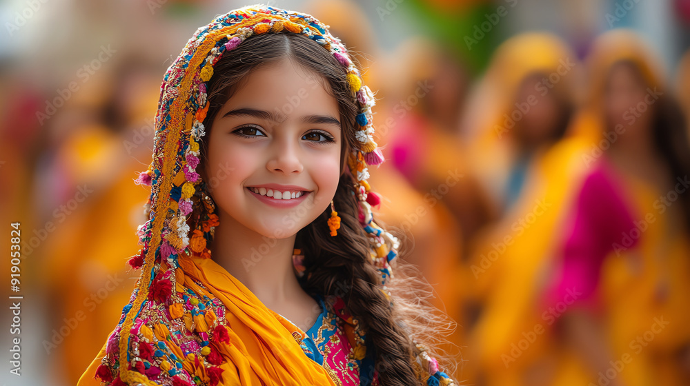 A joyful girl in traditional attire with a vibrant headpiece, smiling warmly in a lively cultural setting. A joyful girl in traditional attire with a vibrant headpiece, smiling warmly in a lively cultural setting.