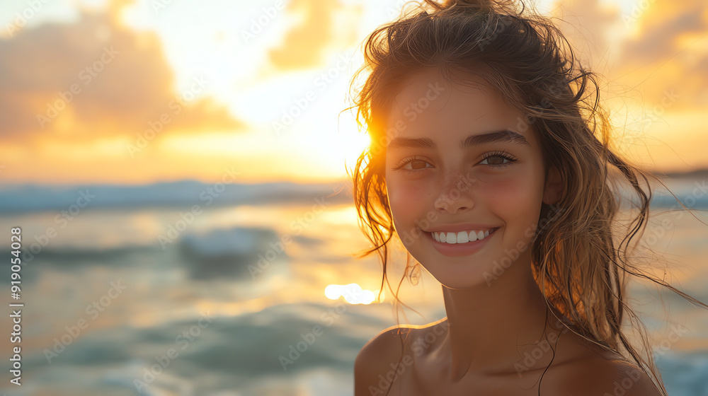 A joyful young woman smiles by the ocean at sunset, capturing a moment of blissful tranquility and natural beauty. A joyful young woman smiles by the ocean at sunset, capturing a moment of blissful tranquility and natural beauty.