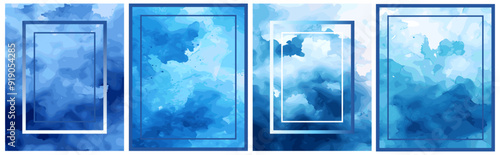 Blue watercolor abstract backgrounds set. Wet wash splash. Abstract clouds, water, blue winter texture. Rectangular frame. Place for text in the middle. Vector collection
