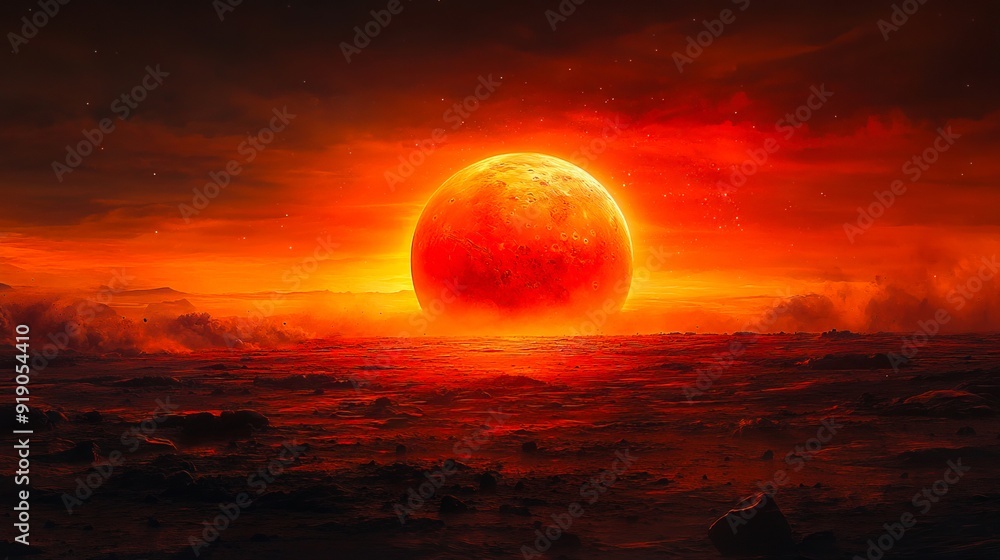 A red planet in the middle of a desert landscape at sunset A red planet in the middle of a desert landscape at sunset
