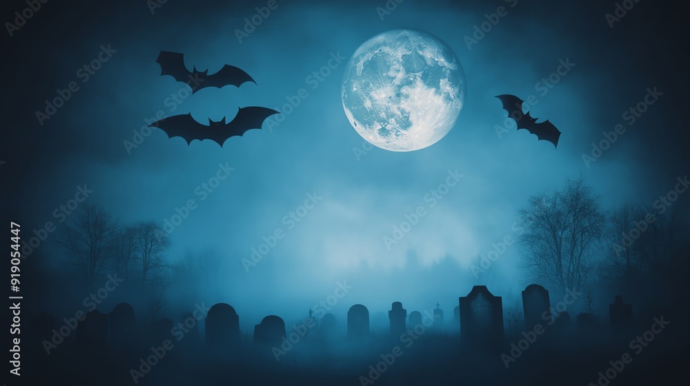 Moonlit night in a spooky graveyard with bats and fog Moonlit night in a spooky graveyard with bats and fog