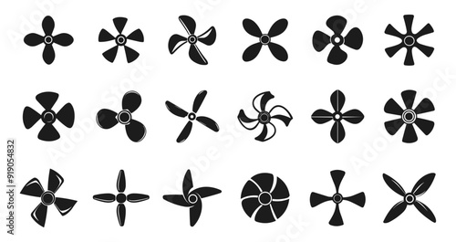 Boat fan propeller screw icons set. Ceiling fan for cooling air circulation. Aircraft turbine propeller. Circle wind fan motor blade. Ship engine shape. Simple black and white flat style isolated