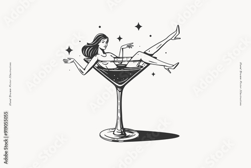 A hand-drawn illustration of a woman lounging in a cocktail glass with stars around her. Ideal for themes related to nightlife, glamour, and celebration.