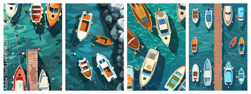Boats in the busy harbor posters set. Jetty in the middle and yachts from both sides. Top view. Clean water. Fishing and tourism industry concept. Vector cartoon style backgrounds