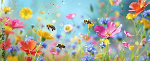 Blossoming Beauty: Bees Amidst Colorful Flowers