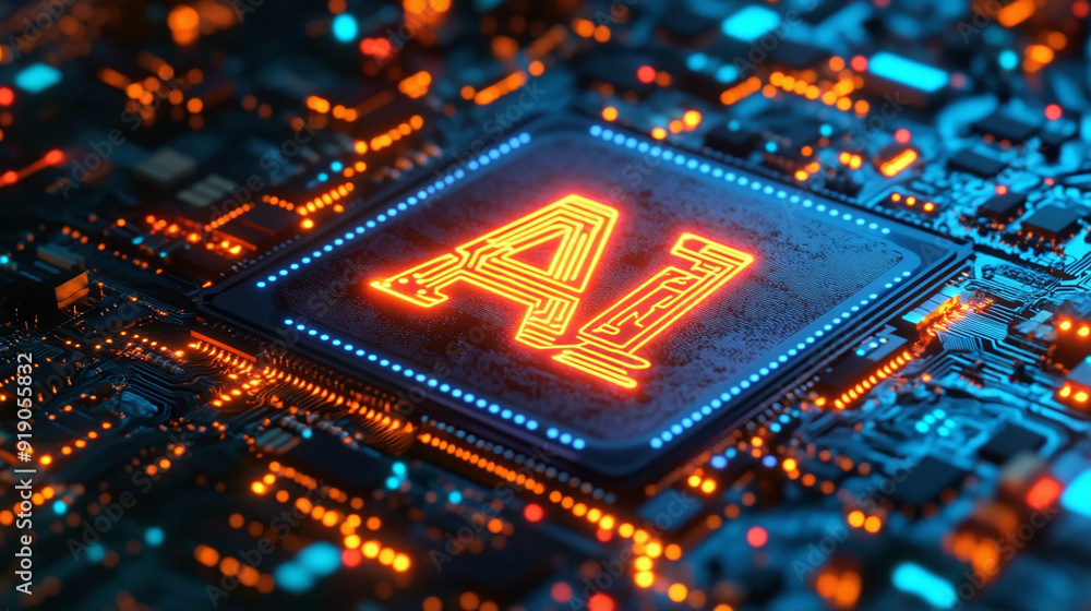 Circuit board close-up with neon letter A, 3D rendering Circuit board close-up with neon letter A, 3D rendering