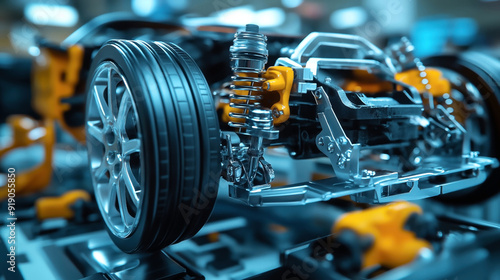 Close-up of a car suspension system showcasing the shock absorber, wheel, and other mechanical components in a technical environment.