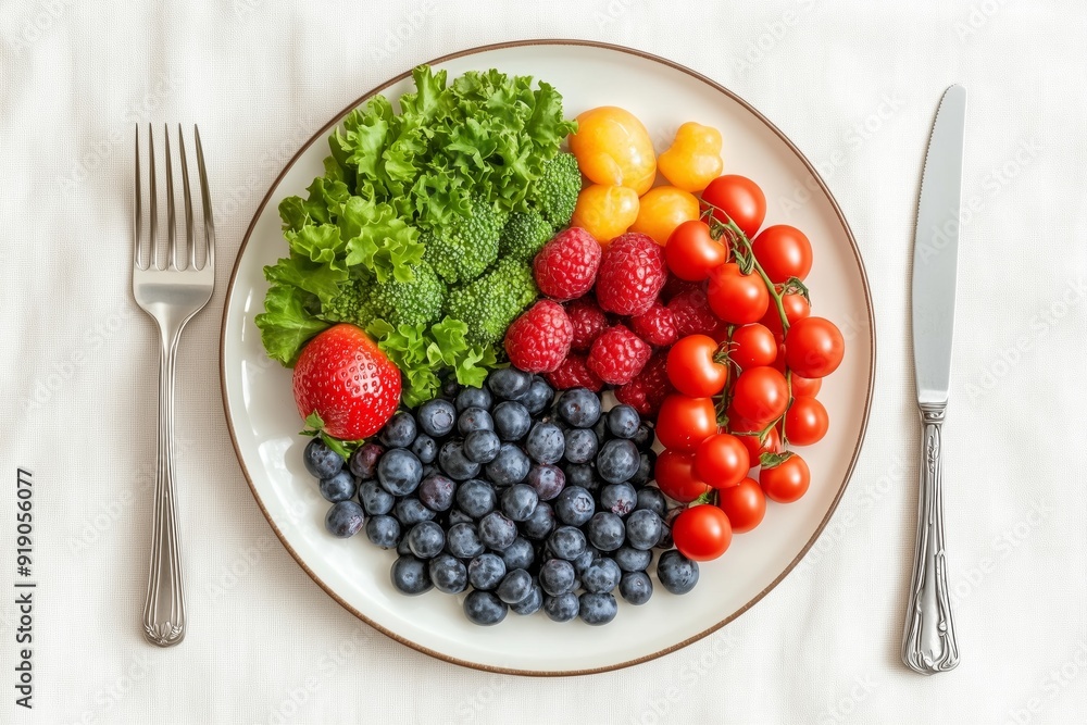 A plate of assorted fruits and vegetables, The plate is colorful and appetizing, and it conveys a sense of health and wellness. A plate of assorted fruits and vegetables, The plate is colorful and appetizing, and it conveys a sense of health and wellness.