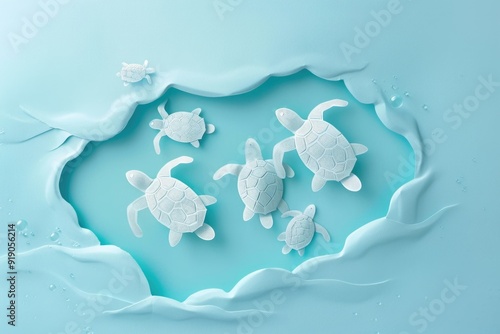 Family of Turtles in Paper Cut Art Scene - Design for Posters, Cards, and Prints
