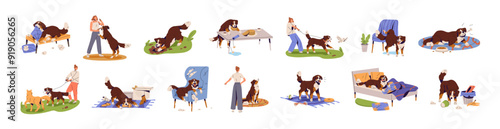 Dog behavior problems set. Puppy with separation anxiety, chewing things. Pet with bad habits is aggressive to other domestic animals, pulling leash. Flat isolated vector illustrations on white