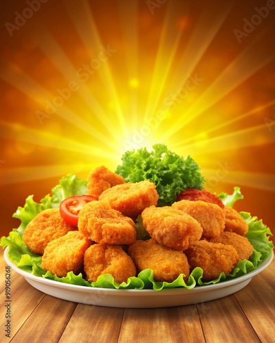 Juicy And Crispy Chicken Nuggets Poster With Mayo And Katchup Splashes On Vibrant Background photo