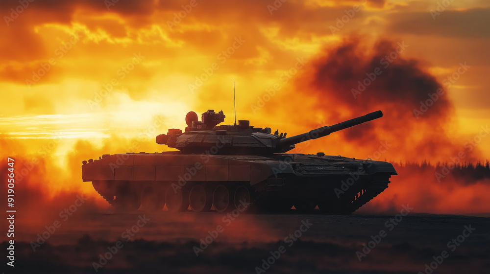 Silhouetted tank against fiery sunset with smoke. Silhouetted tank against fiery sunset with smoke.