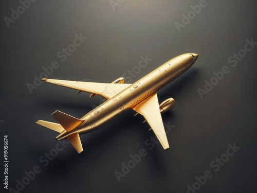 A golden airplane model displayed on a dark background, highlighting its sleek design and luxurious appearance..