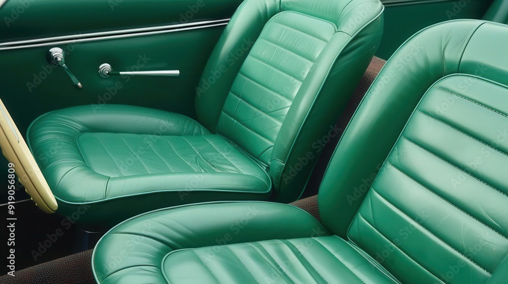 Obraz premium Faded green leather seats in an old British roadster, cracked but well-maintained, natural wear and tear, soft daylight highlighting texture