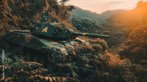 Wallpaper Mural Camouflaged tank in jungle at sunset. Torontodigital.ca