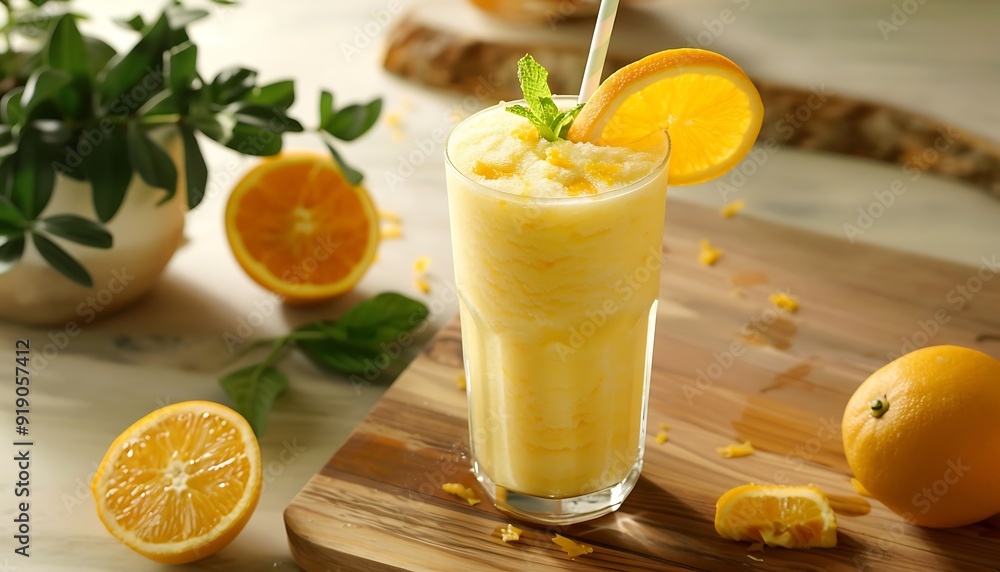 Milk shake with orange and mint in a glass on the table Milk shake with orange and mint in a glass on the table