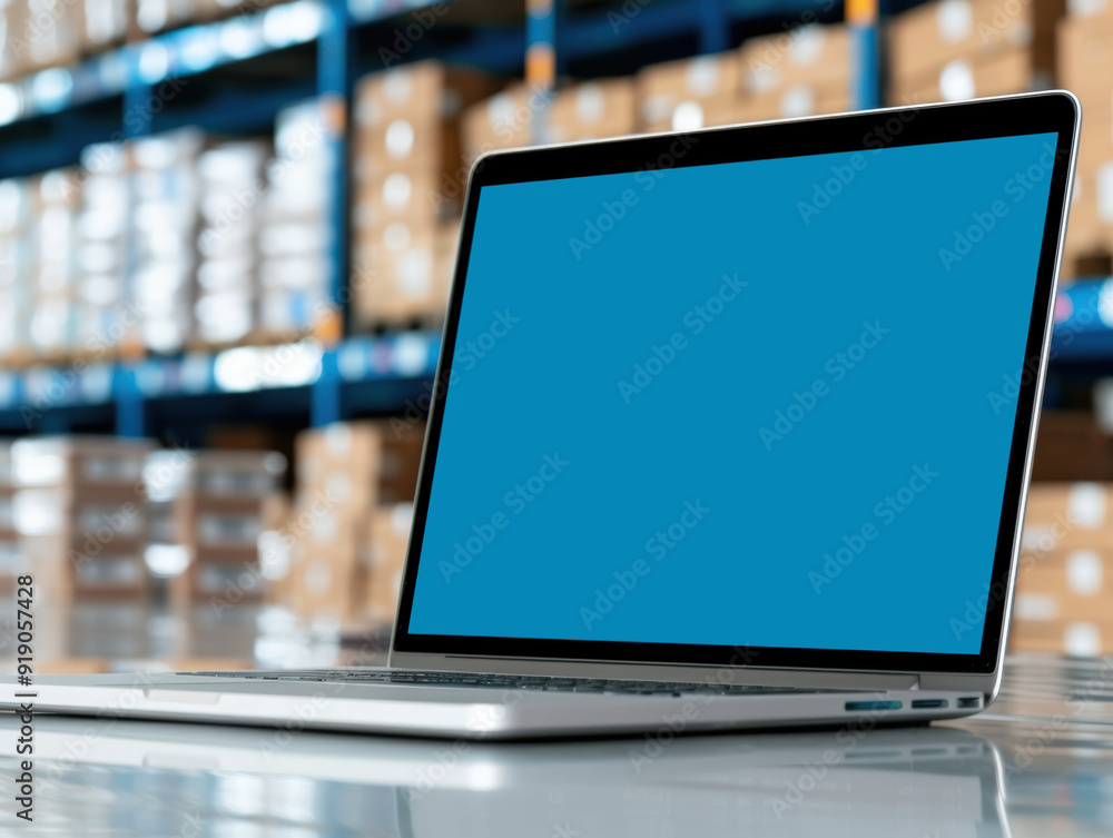 In a warehouse setting, a laptop is positioned. In a warehouse setting, a laptop is positioned.