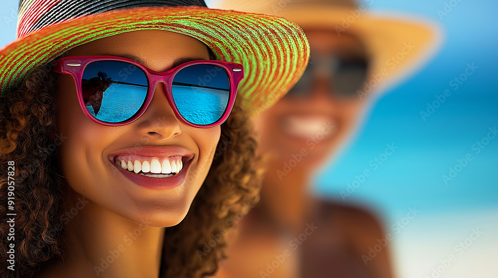 two female friends wearing stylish summer hats and sunglasses, laughing together. generative ai two female friends wearing stylish summer hats and sunglasses, laughing together. generative ai