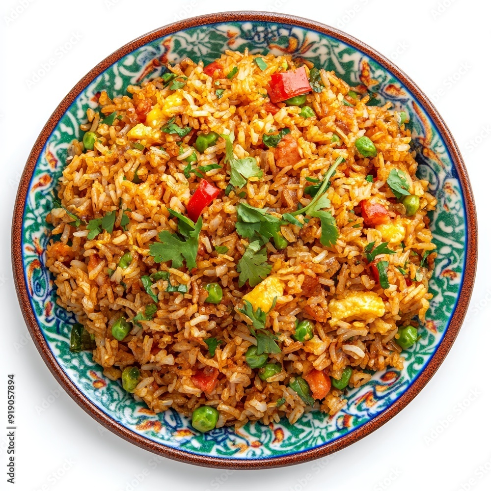 Nasi goreng, a savory and aromatic Indonesian fried rice dish, served on a vibrant ceramic plate, isolated on a white background Nasi goreng, a savory and aromatic Indonesian fried rice dish, served on a vibrant ceramic plate, isolated on a white background