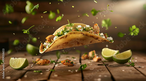 Capture the vibrant flavors of a Mexican street taco featuring grilled chicken, topped with fresh cilantro, diced onions, and salsa verde. The taco is artistically floating in mid-air, with lime photo