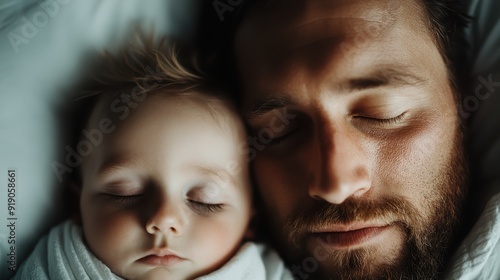 A touching moment of a father and his baby sleeping closely together, creating a serene and peaceful atmosphere, emphasizing the bond and love between them.