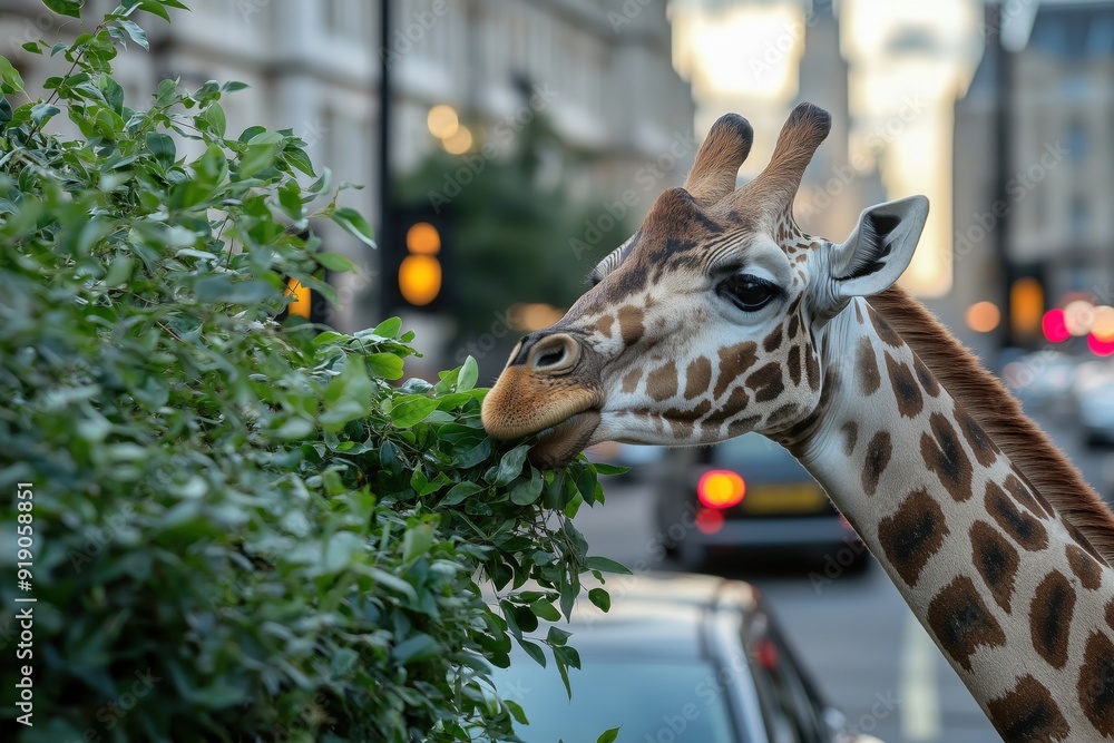 Obraz premium A photo of a giraffe exploring the city in London. Demonstrating concepts including urban wildlife, habitat loss, urbanisation, adaptation, nature versus civilisation, wildness versus modernity.
