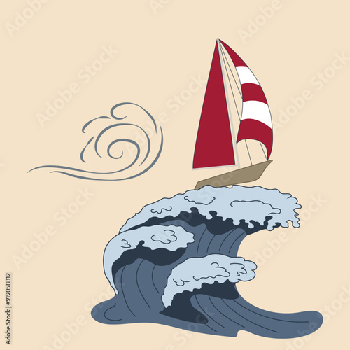 Sailboat on the crest of a wave with a tailwind vector illustration on a beige background