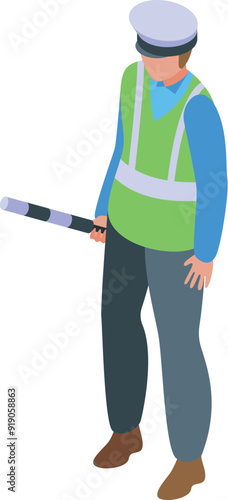 Parking inspector wearing uniform and cap holding parking control stick