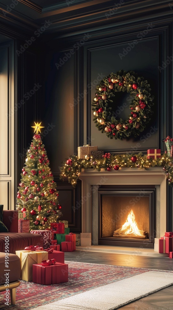 Christmas living room interior with fireplace, Christmas tree and gifts. 3d visualization. Christmas living room interior with fireplace, Christmas tree and gifts. 3d visualization.