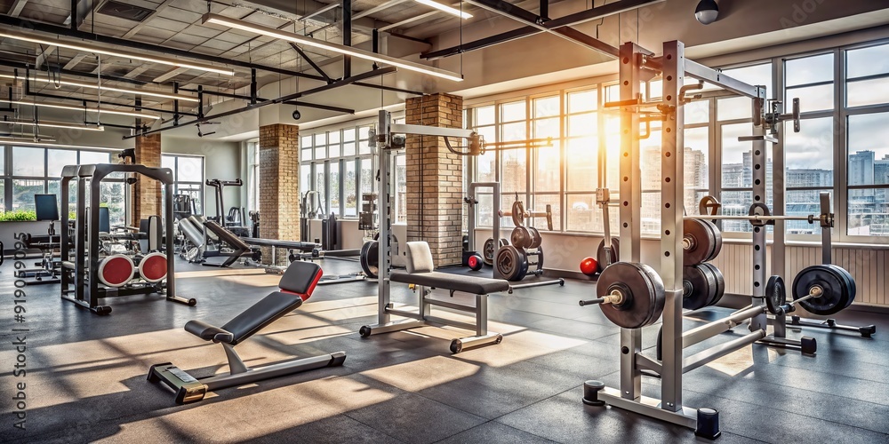 Empty gym interior with exercise equipment and weights scattered around, emphasizing a strong fitness atmosphere, with a focus on strength training and functional movement. Empty gym interior with exercise equipment and weights scattered around, emphasizing a strong fitness atmosphere, with a focus on strength training and functional movement.