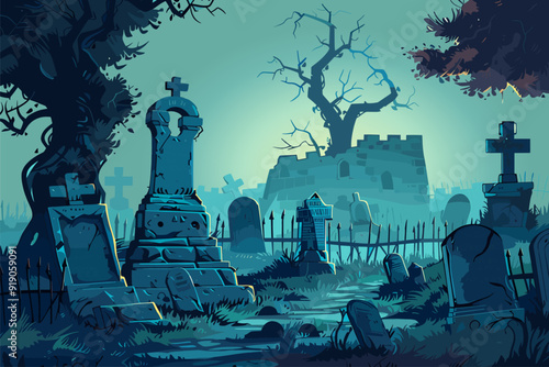 Cemetery landscape. Old graves tombstones with cracks metal leaning fences stone crosses. Ruined building in the background. Crooked trees in the foreground. Dark colors. Cartoon style vector