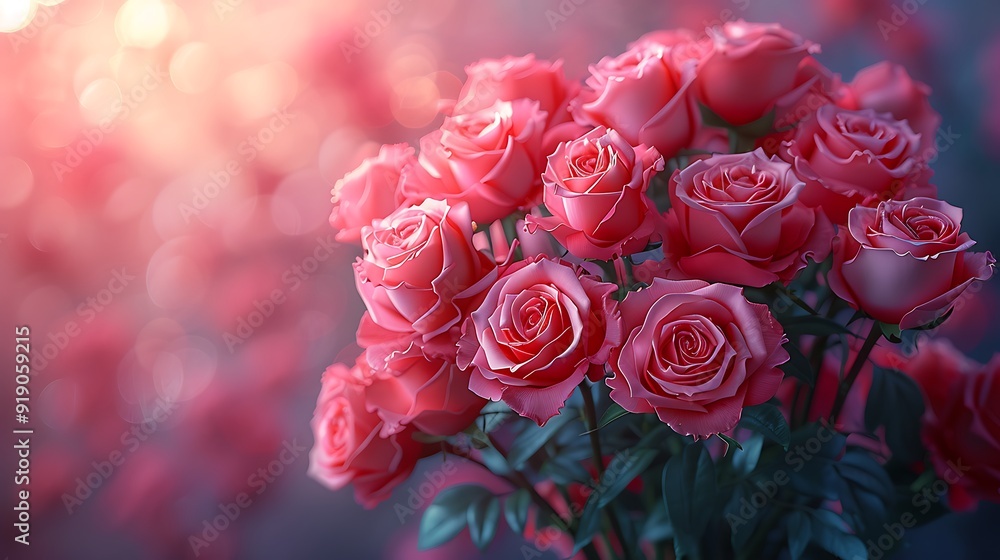 Obraz premium A bouquet of roses, various shades of red and pink, elegant and lush, wrapped in a decorative ribbon, set against a dreamy pastel background, anime style, hd quality, vivid colors, soft lighting.