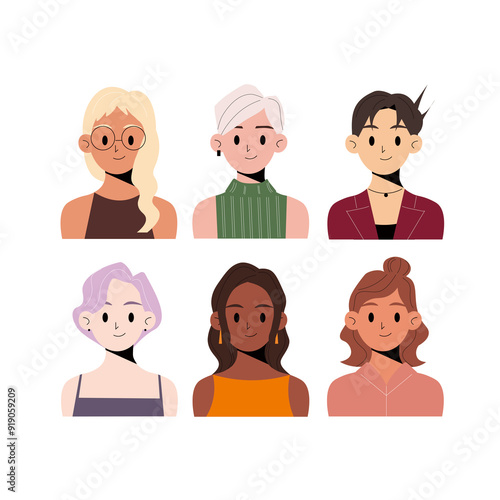Girls characters avatars set. Portraits of smiling young women face. Employee avatar, professional person profile. Flat graphic vector illustrations.