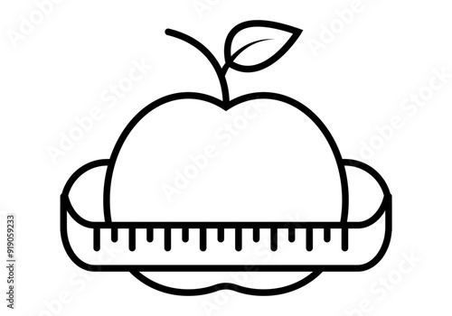 Icono negro de manzana con cinta métrica representando dieta saludable