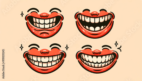 Cartoon smiles with teeth showing in a style that resembles a children's book illustration. Badges, stickers, design elements, prints for T-shirts. photo