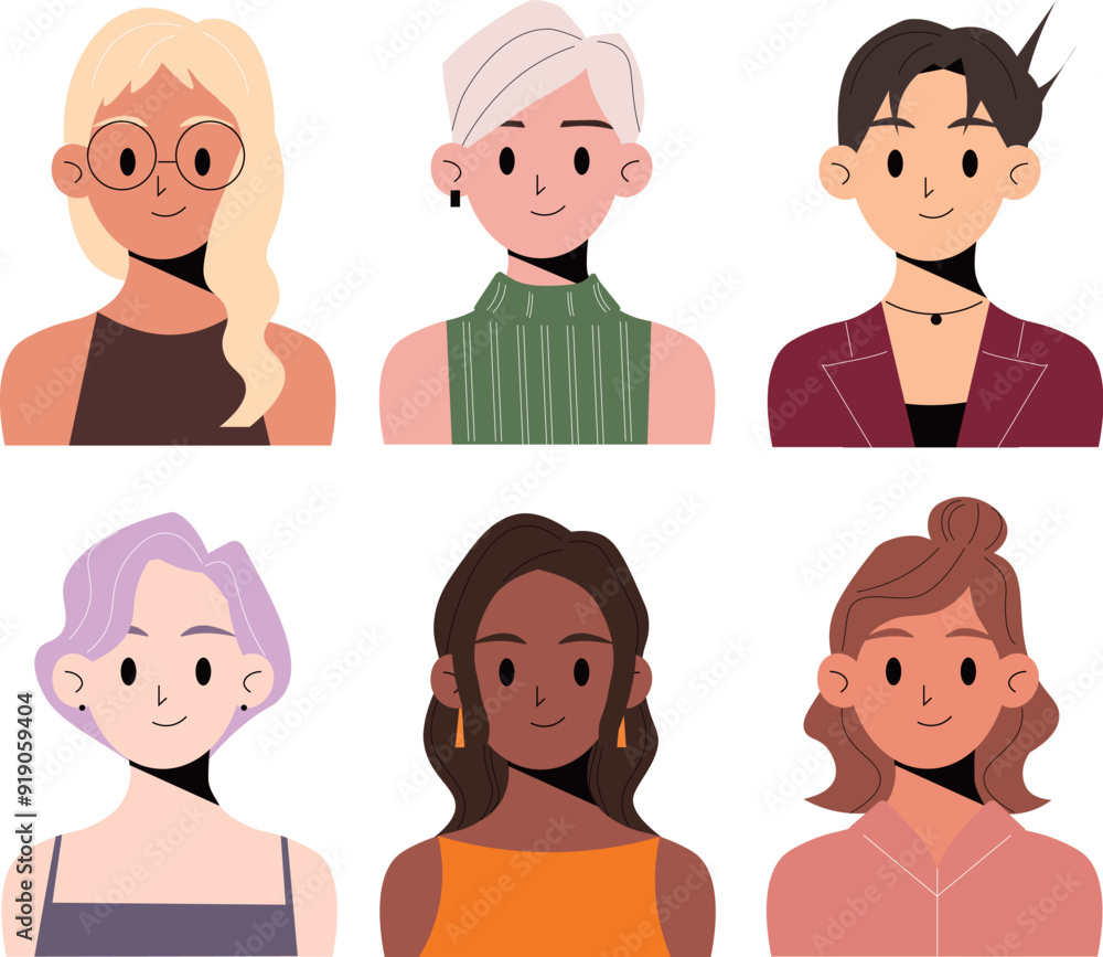 Girls characters avatars set. Portraits of smiling young women face. Employee avatar, professional person profile. Flat graphic vector illustrations.
Girls characters avatars set. Portraits of smiling young women face. Employee avatar, professional person profile. Flat graphic vector illustrations.