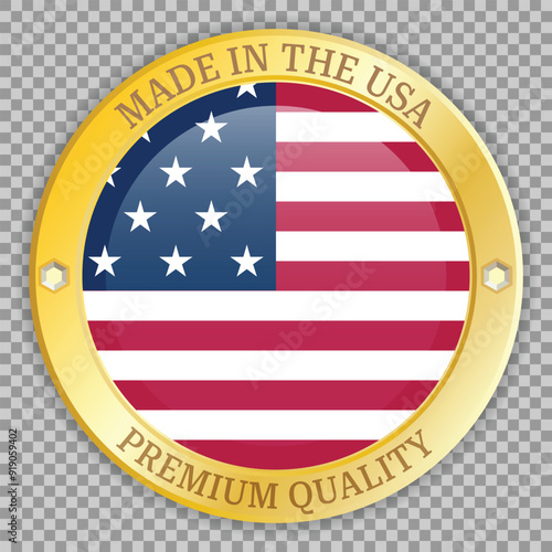 Made in the USA gold badge. Premium quality badge on grid background. Vector icon with shadow underneath